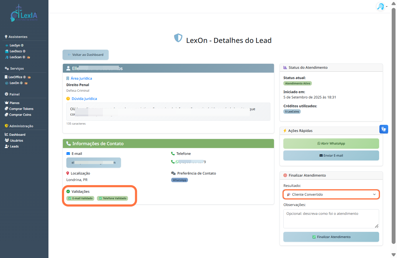 Tela de atendimento no LexOn com condução do contato